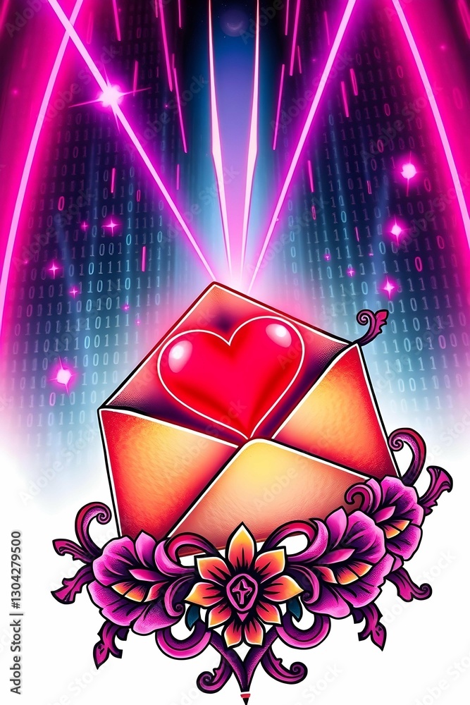Poster a vibrant illustration of a love letter with a glowing heart, adorned with ornate floral elements an