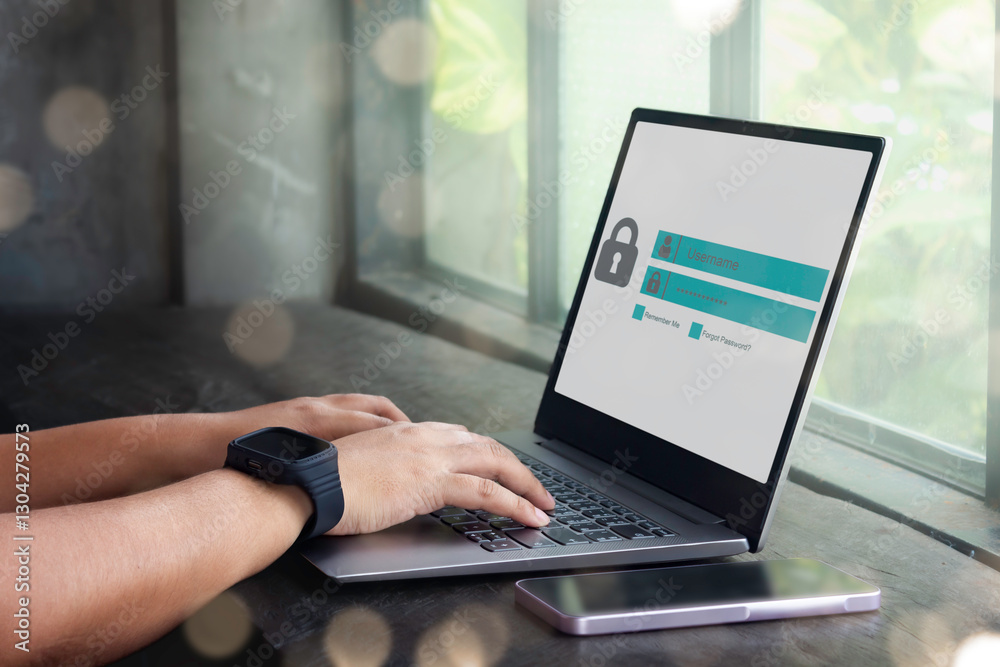 Wall mural business person working on laptop computer at home with warning window on screen. blocking spam emai