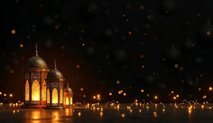Fototapeta premium A black background featuring golden-colored Ramadan lanterns (fanous) of varying sizes arranged elegantly on the top side, glowing softly