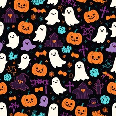 Adorable Halloween Ghostly Pattern: Spooky Cute Pumpkins and Friendly Ghosts Seamless Design