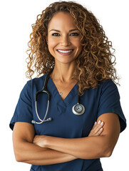  Female medicine staff wearing blue scrubs and crossed arms, isolated background
