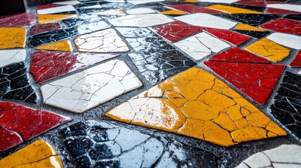 Fototapeta premium A mosaic tile floor with a red, white, and yellow design