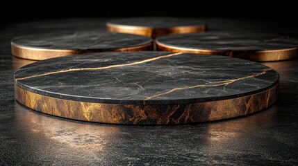 Obraz premium A sleek black marble podium, its surface polished to perfection, stood adorned with elegant gold accents, exuding an aura of sophistication and elegance.