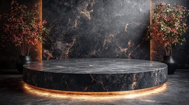 A sleek black marble podium, its surface polished to perfection, stood adorned with elegant gold accents, exuding an aura of sophistication and elegance.