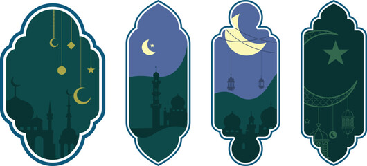 Ramadan Kareem window and lantern backgrounds.  Islamic greeting card template and wallpaper design. Poster and social media banner vector illustration