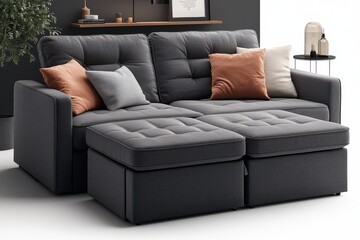 Fototapeta premium Gray chaise lounge sofa with backrest and armrest, featuring two side roll-out storage cabinets, placed against an accent wall.