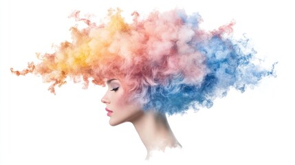 Naklejka premium Serene woman profile with colorful watercolor hair swirls