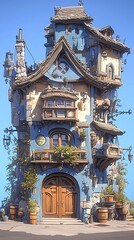 A wizard's house of magical elements and whimsical architecture in anime-style