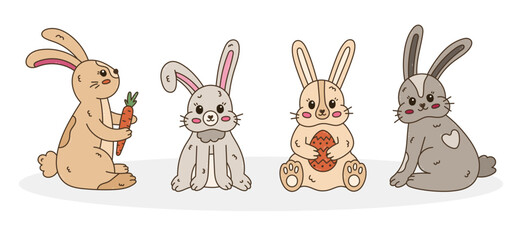 Lovely colorful doodle set with Easter bunny in different poses, fur. Hand drawn rabbit holding Easter egg, standing with carrot, bent down ear, back view. Symbol of traditional springtime holiday.