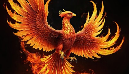 Phoenix with fiery wings emerging from flames-