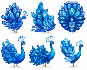 Fototapeta premium Blue peacocks display various poses on white background