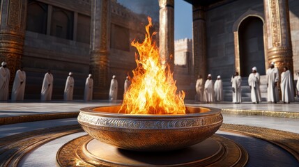 Golden Brazier with Vibrant Flames Amidst White Robed Figures in Ancient Architecture