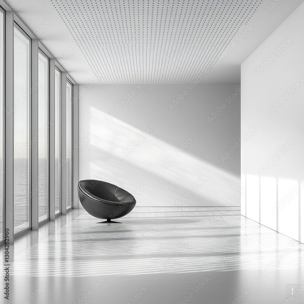 Poster modern black chair in minimalist white room with large windows and ocean view. sunlight creates beau