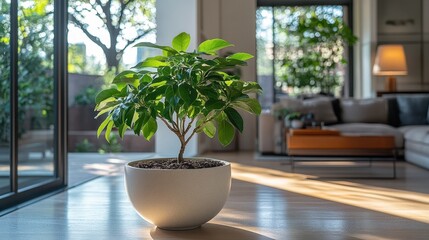 Fototapeta premium A verdant sentinel, a houseplant with vibrant leaves, stood proudly in a sleek, minimalist pot, its presence adding a splash of life to the modern interior, a testament to the beauty of nature is