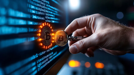 Blockchain programming action virtual workspace code development tech environment close-up view cryptocurrency innovation