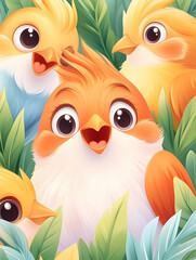 Cheerful baby birds nestled in lush foliage