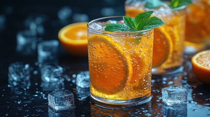 A refreshing symphony of chilled oranges and ice cubes, a vibrant tableau of citrusy coolness, perfect for quenching the thirst on a hot summer day.