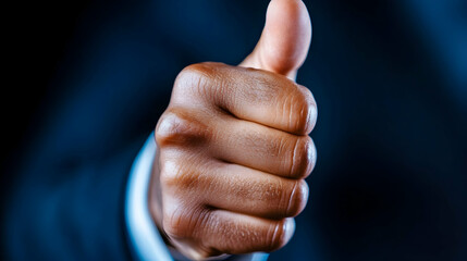 Close-up hand gesture thumbs-up dark background
