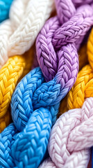 Colorful braided ropes intertwined, close-up detail