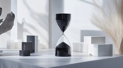 A classic hourglass, its black sand flowing through a crystal-clear body, stands poised on a pristine white backdrop, evoking a sense of time is passage and the fleeting nature of moments.
