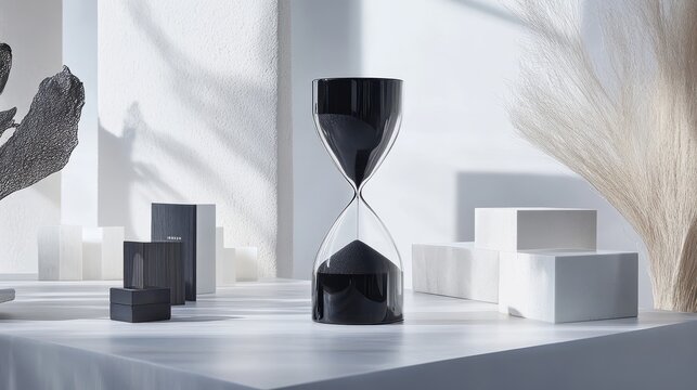 A classic hourglass, its black sand flowing through a crystal-clear body, stands poised on a pristine white backdrop, evoking a sense of time is passage and the fleeting nature of moments.