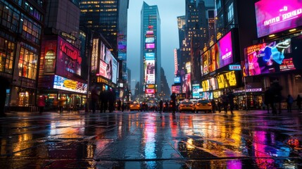 Obraz premium A busy city street with a large sign that says 