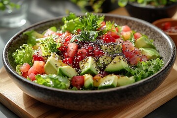 
Salad with greens, avocado, chia seeds and other healthy ingredients on a wooden plate.

