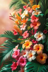Obraz premium A tropical floral explosion with hibiscus, plumeria, and palm leaves in bright colors.