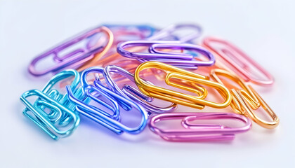 Colorful paperclips piled on white background