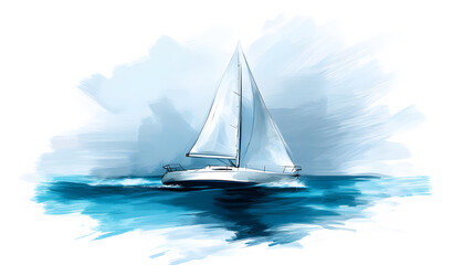 A sailing boat glides across tranquil waters, surrounded by soft blue hues and a serene atmosphere