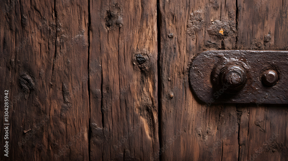 Poster A close-up view of a weathered wooden door with a rusty latch, showcasing the texture and rustic charm of aged materials