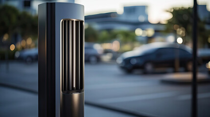Close-up of a sleek electric vehicle charger in a modern parking lot, showcasing clean energy technology and sustainable transportation solutions for eco-friendly urban living.