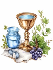 Communion chalice, wine, grapes, cloth, still life