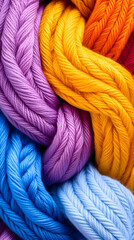 Colorful yarn strands intertwined, close-up