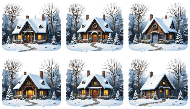 Charming Snowy Cottage in the Woods Adorned with Festive Christmas Lights isolated on png