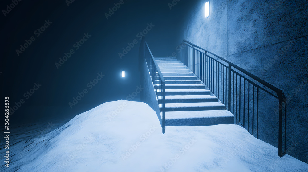 Poster a dimly lit staircase ascends into darkness, surrounded by snow, creating a mysterious and eerie atm