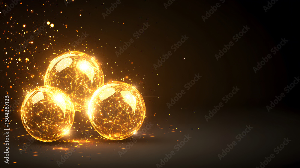 Poster Three glowing golden spheres are surrounded by sparkling particles against a dark background, creating a magical and enchanting atmosphere