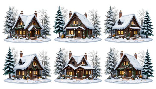 Charming Snowy Cottage in the Woods Adorned with Festive Christmas Lights isolated on png