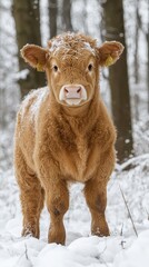 A brown cow stands gracefully in a snowy woodland, surrounded by tall, frosted trees. Its thick fur contrasts with the white snow, creating a serene winter scene.