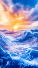 Fototapeta premium Dramatic ocean sunset, waves crashing, vibrant sky