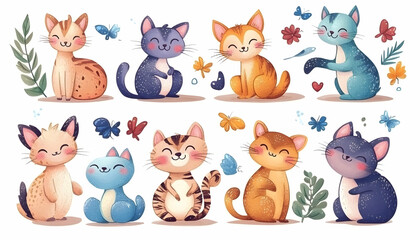 Obraz premium Eight adorable cartoon kittens autumn leaves background