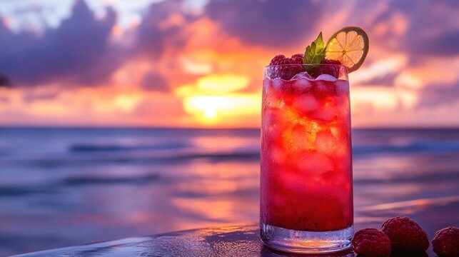 A crimson cocktail, adorned with a vibrant array of berries, its vibrant hues mirroring the tropical sunset.