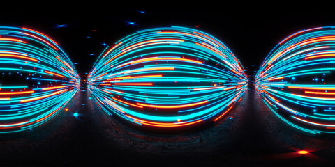 HDRI. Glowing neon lines. Full spherical panorama 360 degrees. 3D render illustration.