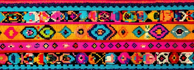 Vibrant Tapestry of Culture: A stunning textile showcases intricate patterns and bold colors, a testament to rich cultural heritage and artistic expression.