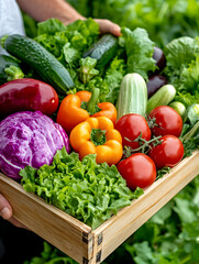 Farmer holding freshly harvested vegetables in a wooden crate