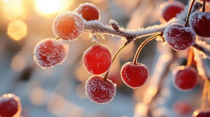 A frosted canvas of white and red, where cherries, like tiny jewels, clung to the branches of a snow-dusted tree, their glistening surfaces reflecting the ethereal glow of the setting sun.