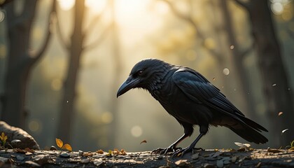 Naklejka premium crow on a branch Examine the crow's intelligence and problem-solving skills.