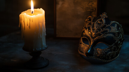 Moody candlelit scene with an ornate black masquerade mask