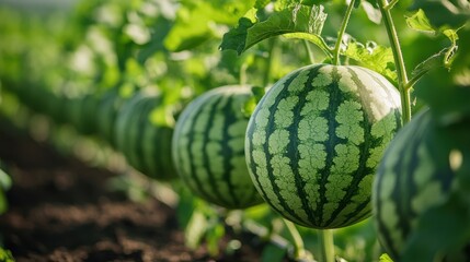 In a futuristic hydroponic farm, rows of vibrant watermelon plants, suspended in the air under rows of bright artificial lights, thrive in an environment free of soil and nurtured by technology.