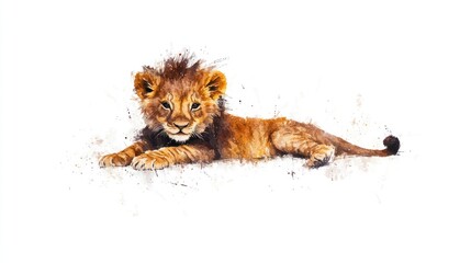 Baby Lion Watercolor Painting on White Background